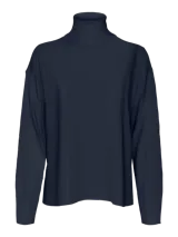 Sweater de tejido de punto en color azul marino, con cuello alto y mangas largas de corte holgado.