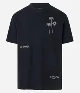 Remera relaxed de algodón y poliéster color negro, con cuello redondo, manga corta y estampa bordada de cocoteros y sol.