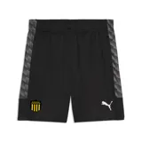 Short de entrenamiento Puma del Club Atlético Peñarol, color negro con franjas laterales estampadas en gris oscuro. Presenta el escudo del club en la pierna derecha y el logo de Puma en la pierna izquierda.