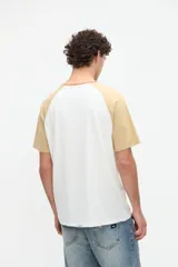 Remera estilo raglán color blanco en el cuerpo con mangas cortas color arena y cuello redondo marrón. Presenta un pequeño bordado en el pecho.