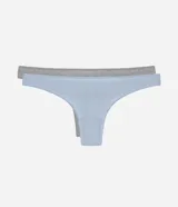 Pack de dos bombachas tipo hilo dental de algodón con textura acanalada, una en color celeste y otra en color gris melange.