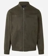 Chaqueta bomber azul marino lisa, con cierre frontal, cuello redondo y bolsillos laterales.