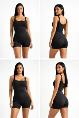 Catsuit corto de una pieza, color negro, con escote cuadrado y breteles anchos. Diseño ajustado al cuerpo con short integrado.