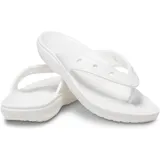 Ojotas tipo flip-flop de la marca Crocs, confeccionadas en espuma Croslite ligera y flexible. Presentan un diseño minimalista en color blanco con orificios en las tiras para personalización con dijes y una base texturizada para mayor agarre.