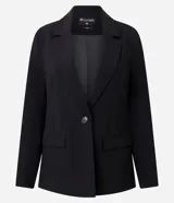 Blazer de sastrería marca Cortelle con diseño entallado tipo reloj de arena, solapas clásicas, cierre frontal de un botón, bolsillos con solapa y mangas largas.