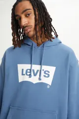 Buzo hoodie celeste con logo Levis estampado en el frente y puños acanalados con rayas blancas.
