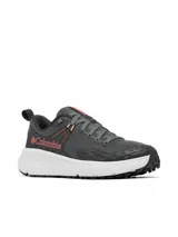 Championes de trekking Columbia Konos Trs Omni-Max para mujer, en color gris oscuro con entresuela blanca y detalles en coral. Diseñados con empeine de malla técnica y sistema Navic Fit para mayor soporte y comodidad en senderismo.