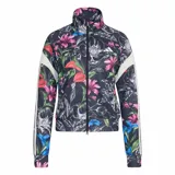 Campera deportiva Adidas Farm Tiro para mujer, de color negro con estampado floral multicolor. Presenta cuello alto, cierre frontal completo y las clásicas franjas blancas de la marca en las mangas.