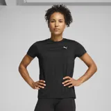 Remera deportiva Puma color negro jaspeado, de manga corta y cuello redondo, con el logo de la marca estampado en el pecho.