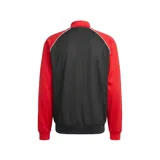Campera deportiva Adidas SST de corte holgado, confeccionada en tejido de malla color negro con mangas rojas y detalles de franjas blancas características de la marca. Cuenta con cuello tipo bomber, cierre frontal completo y logo del trifolio bordado en el pecho.