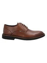 Zapato de vestir tipo derby en cuero color cognac, con cordones y suela de goma negra con detalle de costura vista.