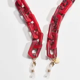 Correa para lentes roja con eslabones rectangulares de acrílico y terminales dorados.