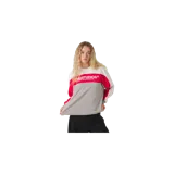 Remera de manga larga Eme Studios con diseño colorblock en tonos blanco, gris y rojo, y estampado frontal con el logo de la marca.