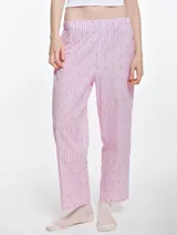 Pantalón de dormir de corte recto y calce relajado, confeccionado en popelina de algodón con estampado de rayas verticales y pequeños puntos bordados. Presenta cintura elastizada para mayor comodidad.