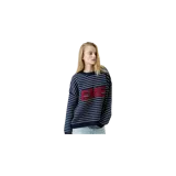 Sweater de punto color azul marino con diseño de finas rayas horizontales blancas y aplicación frontal con el texto "EME" en color bordó. Presenta cuello redondo y corte holgado.