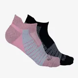 Pack de dos pares de medias deportivas Columbia de corte bajo, diseñadas para senderismo. Presentan un diseño técnico con zonas de refuerzo y ventilación, combinando tonos rosados y grises con tecnología de secado rápido y gestión de humedad.