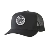 Gorro trucker Rip Curl negro con paneles frontales rígidos y paneles traseros de malla. Presenta un parche circular con el logo de Rip Curl Wetsuits en blanco y negro.