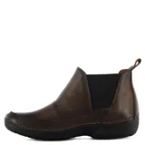 Botas tipo Chelsea de cuero marrón con paneles laterales elásticos negros, costuras reforzadas visibles y suela de goma negra antideslizante.