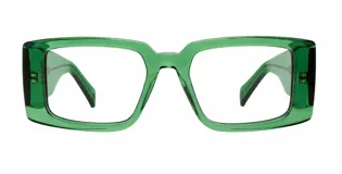 Lentes con armazón rectangular de diseño angosto y moderno, color verde translúcido, con tecnología Blue Light para protección contra la luz azul de pantallas.