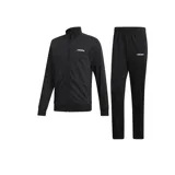 Conjunto deportivo Adidas de hombre, color negro con detalles en blanco. Incluye campera con cierre y cuello alto, y pantalón con corte cónico y puños abiertos.