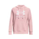 Canguro Under Armour Rival Fleece de mujer, color rosa con logo blanco estampado en el pecho.
