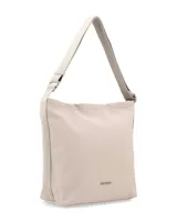 Bolso tipo hobo de diseño minimalista y elegante en tono beige, fabricado en símil cuero. Cuenta con una correa ajustable para llevar al hombro y herrajes metálicos.