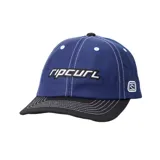 Gorra azul con visera curva negra y logo de la marca Rip Curl bordado en blanco en el frente.