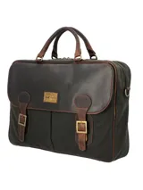 Maletín unisex de lona color verde oscuro con detalles en cuero marrón. Tiene manija superior, correa bandolera ajustable y cierre con hebillas.