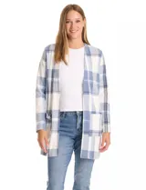 Cardigan abierto de tejido soft con estampado de cuadros en tonos azul y blanco. Presenta corte recto, mangas largas y dos bolsillos frontales aplicados.