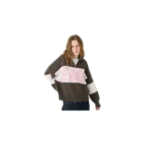 Cardigan de punto con cierre frontal y cuello tipo polo, en color marrón con una franja horizontal ancha en blanco y rosa que incluye el nombre de la marca en el pecho.