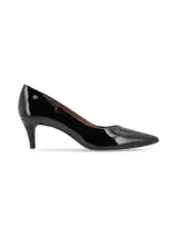 Stiletto de cuero charol negro con tacón intermedio de 6 cm y diseño en punta fina.