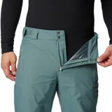 Pantalón de esquí Columbia modelo Bugaboo IV, color gris azulado, con tecnología impermeable Omni-Tech y revestimiento térmico reflectante Omni-Heat. Presenta cintura ajustable, polainas internas y costuras selladas.