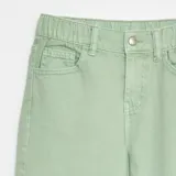 Pantalón de corte wide leg en color verde menta, con cintura elástica y cierre frontal con botón metálico. Presenta bolsillos laterales y diseño de tiro medio.