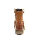 Bota de cuero color marrón con diseño estilo arnés, que incluye una correa decorativa con argolla metálica en el tobillo. Presenta suela de goma dentada y el logo de la marca grabado en el lateral.