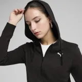 Campera deportiva con capucha y cierre frontal completo, confeccionada en tejido suave. Presenta un diseño minimalista en color negro con el logo de la marca estampado en contraste en el pecho.