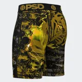 Calzoncillos tipo bóxer con estampado de tigre, rayos y adornos barrocos en tonos dorados y negros.