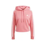 Buzo Adidas de mujer color salmón, corto, con capucha y cordones ajustables. Presenta las tres rayas blancas características de la marca en las mangas y el logo bordado en el pecho.