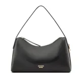 Cartera Guess modelo Jasmin de color negro, confeccionada en símil cuero con textura granulada. Presenta diseño estructurado con cierre superior y herrajes metálicos en tono dorado, incluyendo el logo de la marca en la parte frontal y una manija única para llevar al hombro.