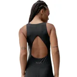 Mono largo deportivo de sujeción media-alta, color negro, con escote redondo y cierre frontal. Presenta diseño sin mangas, espalda abierta para mayor transpirabilidad y tejido compresivo en la cintura.