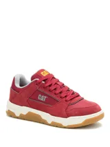 Championes Caterpillar modelo Theorem para hombre, de color rojo con detalles en blanco y suela de goma marrón. Confeccionados en ante y nylon, cuentan con entresuela de EVA para mayor amortiguación y diseño de inspiración urbana.