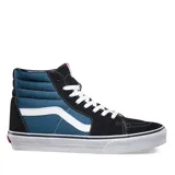 Championes de caña alta Vans UA SK8-Hi, en color negro y azul, con cordones blancos y la icónica banda lateral blanca.