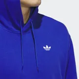 Canguro azul con capucha, logo de Adidas bordado en el pecho y tres rayas blancas en las mangas.