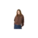 Campera deportiva Eme Studios modelo Cove Fawn Track Full Zip, de color marrón con cierre frontal completo y cuello alto. Presenta detalles bordados en naranja en el pecho y bandas laterales en las mangas con diseño geométrico.