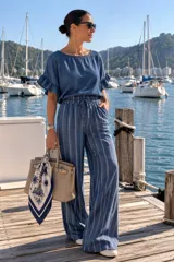 Pantalón tipo palazzo de jean con diseño a rayas verticales, de corte ancho y tiro alto con cintura elástica y cordón ajustable.