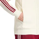Campera deportiva Adidas de la selección de España, modelo alternativo. Diseño en color blanco con cuello tipo polo en bordó, mangas con las icónicas tres tiras de la marca en bordó y logo del trébol y escudo de la federación en el pecho.