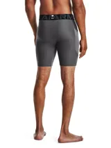 Calza corta de compresión Under Armour, modelo HeatGear, color gris jaspeado. Cuenta con cintura elástica ancha con logo de la marca, paneles de malla para ventilación y un bolsillo lateral de almacenamiento.