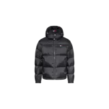 Campera puffer Tommy Jeans modelo Alaska con capucha desmontable, de color negro, cierre frontal y bolsillos laterales.