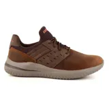 Zapato casual Skechers modelo Delson 3.0 Ezdra, color marrón, con capellada de cuero y cordones elásticos.