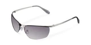 Lentes de sol con diseño envolvente y montura de acero inoxidable color plata. Presentan una barra superior metálica pulida que sujeta las lentes mediante remaches, con lentes de nylon en degradado gris y patillas con terminación en acetato.