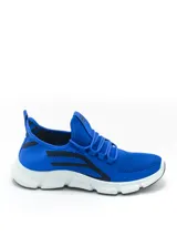 Zapatillas deportivas azules de tela con detalles en negro y suela blanca.